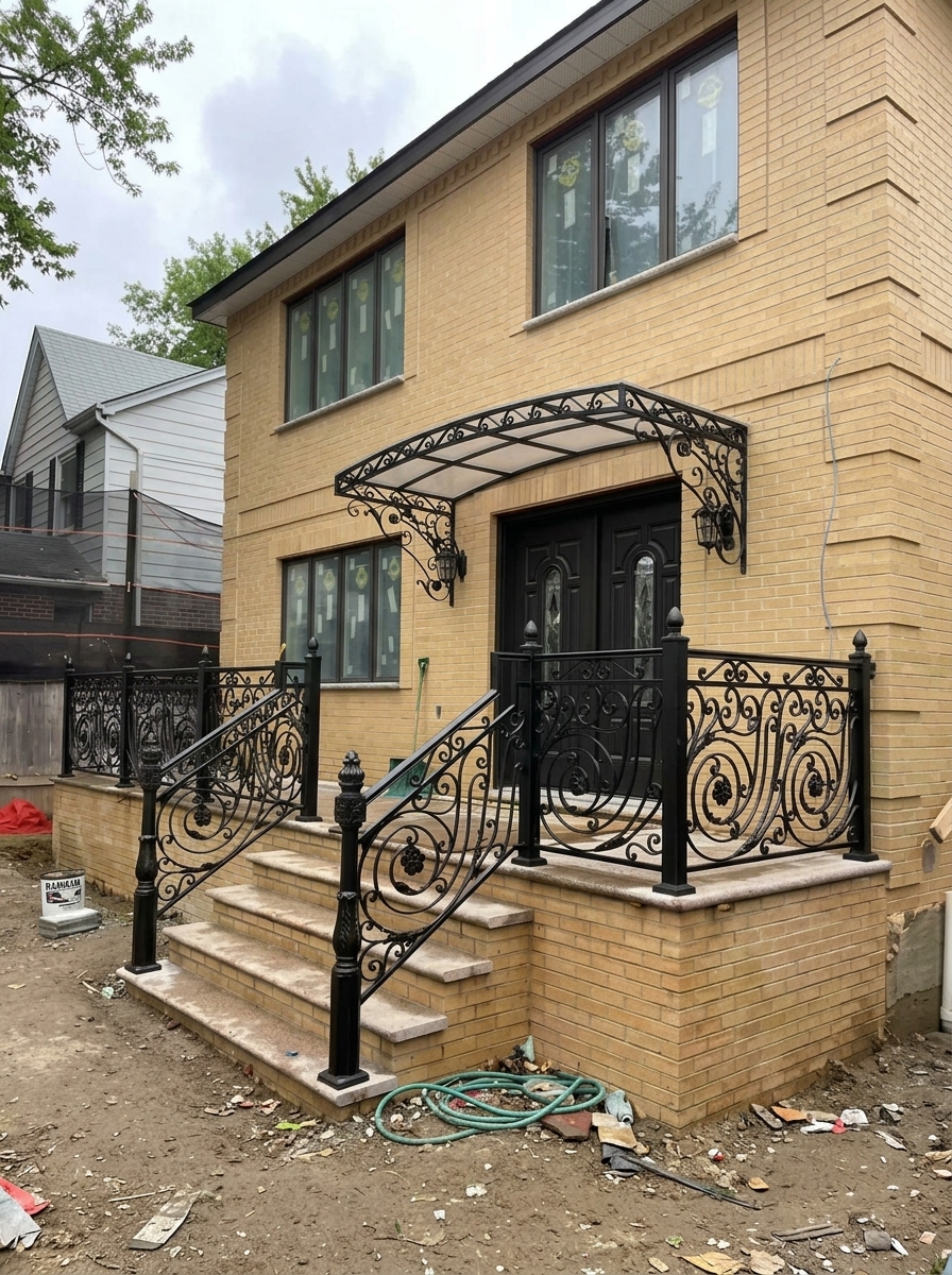 Ornamental Wrought Iron Entryway Railing and Awning